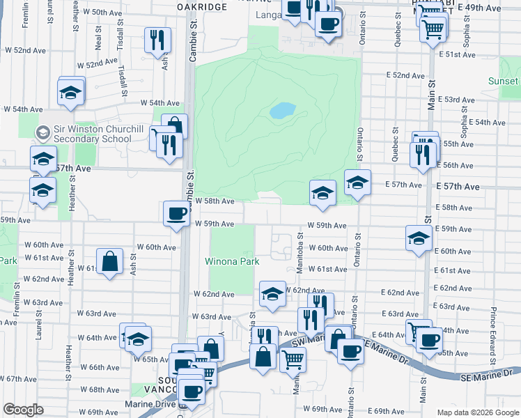 map of restaurants, bars, coffee shops, grocery stores, and more near 7428 Alberta Street in Vancouver