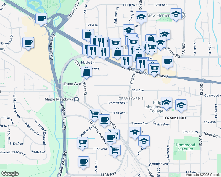 map of restaurants, bars, coffee shops, grocery stores, and more near 20214 Patterson Avenue in Maple Ridge