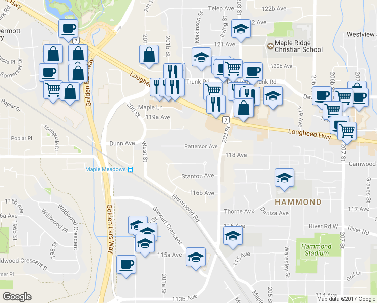 map of restaurants, bars, coffee shops, grocery stores, and more near 20217 Patterson Avenue in Maple Ridge