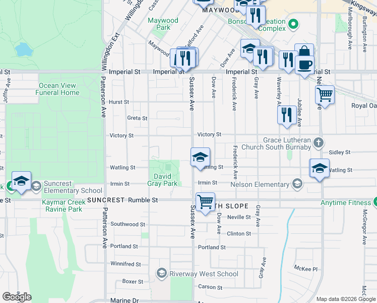 map of restaurants, bars, coffee shops, grocery stores, and more near 7295 Sussex Avenue in Burnaby