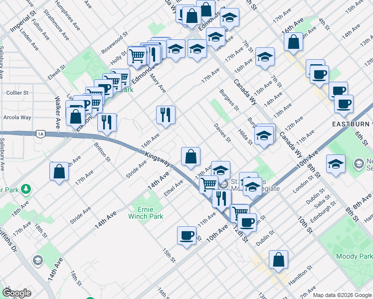 map of restaurants, bars, coffee shops, grocery stores, and more near in Burnaby