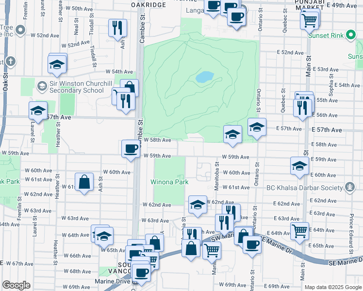 map of restaurants, bars, coffee shops, grocery stores, and more near 7428 Alberta Street in Vancouver
