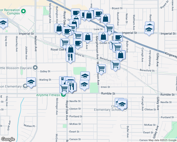 map of restaurants, bars, coffee shops, grocery stores, and more near 7326 Antrim Avenue in Burnaby