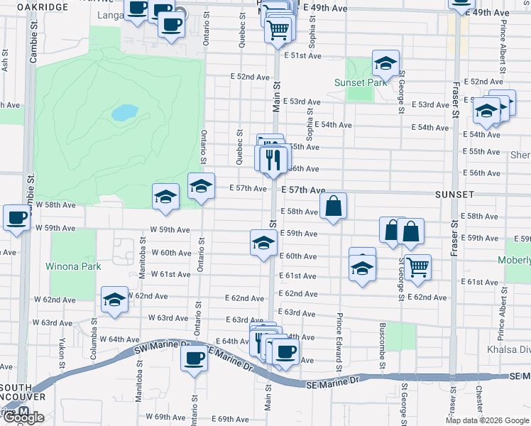 map of restaurants, bars, coffee shops, grocery stores, and more near 196 East 58th Avenue in Vancouver
