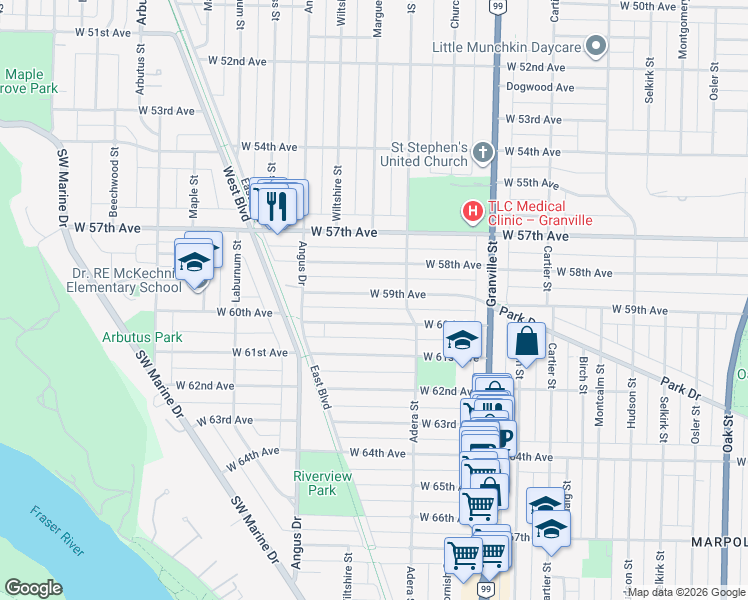 map of restaurants, bars, coffee shops, grocery stores, and more near 1688 West 59th Avenue in Vancouver