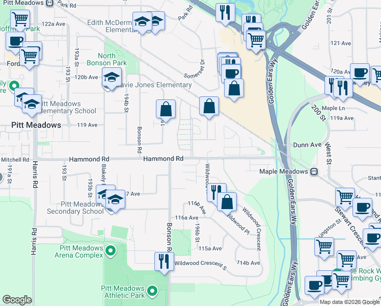map of restaurants, bars, coffee shops, grocery stores, and more near 19658 Pinyon Lane in Pitt Meadows