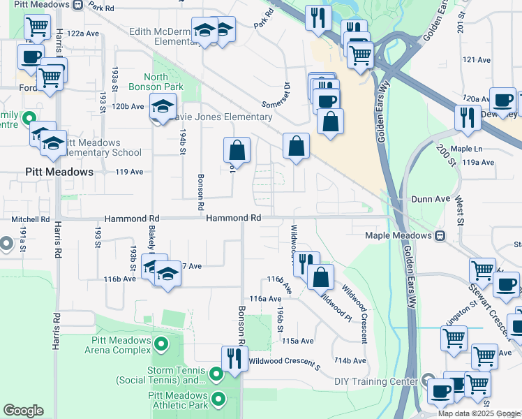 map of restaurants, bars, coffee shops, grocery stores, and more near 19636 Pinyon Lane in Pitt Meadows
