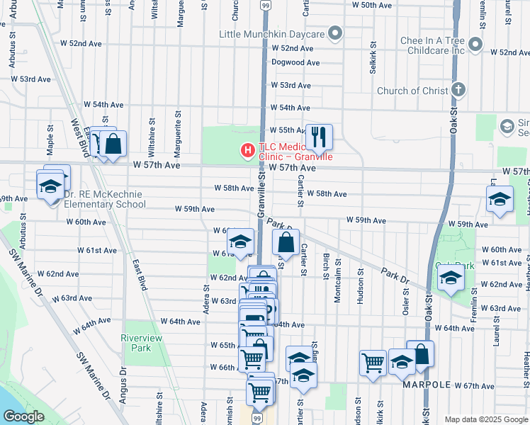 map of restaurants, bars, coffee shops, grocery stores, and more near 7478 Granville Street in Vancouver