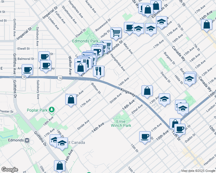 map of restaurants, bars, coffee shops, grocery stores, and more near 7333 16th Avenue in Burnaby