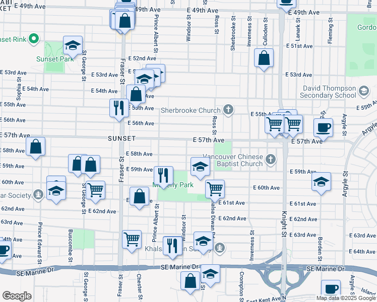 map of restaurants, bars, coffee shops, grocery stores, and more near 1005 East 58th Avenue in Vancouver