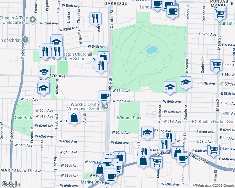 map of restaurants, bars, coffee shops, grocery stores, and more near 488 West 58th Avenue in Vancouver
