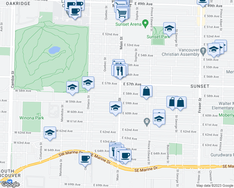 map of restaurants, bars, coffee shops, grocery stores, and more near 196 East 58th Avenue in Vancouver