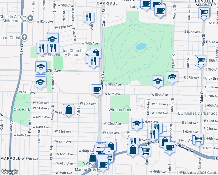 map of restaurants, bars, coffee shops, grocery stores, and more near in Vancouver