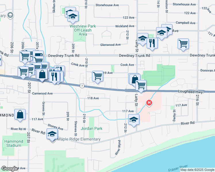 map of restaurants, bars, coffee shops, grocery stores, and more near 21091 Lougheed Highway in Maple Ridge