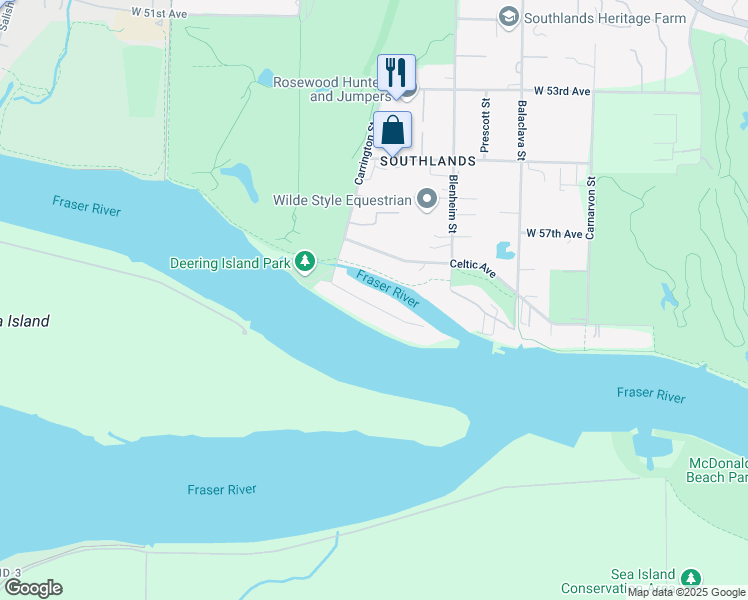 map of restaurants, bars, coffee shops, grocery stores, and more near 3399 Deering Island Place in Vancouver