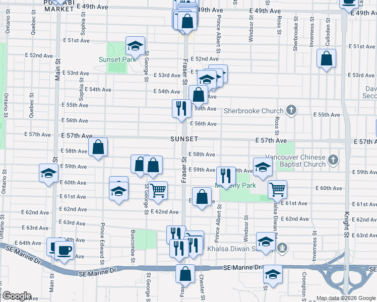 map of restaurants, bars, coffee shops, grocery stores, and more near 707 East 58th Avenue in Vancouver