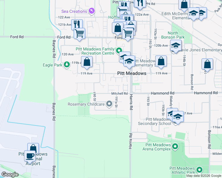 map of restaurants, bars, coffee shops, grocery stores, and more near 19105 Mitchell Road in Pitt Meadows