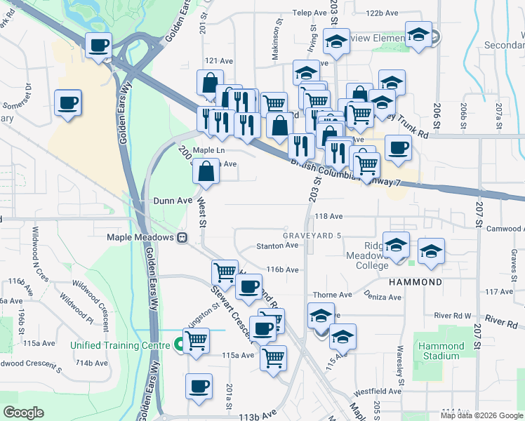 map of restaurants, bars, coffee shops, grocery stores, and more near 20214 Patterson Avenue in Maple Ridge