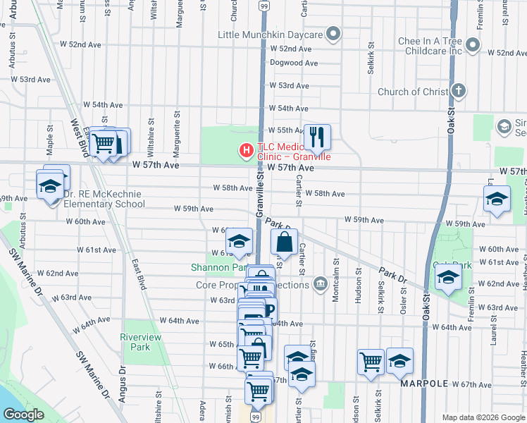 map of restaurants, bars, coffee shops, grocery stores, and more near 7488 Granville Street in Vancouver