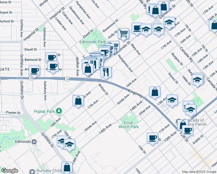 map of restaurants, bars, coffee shops, grocery stores, and more near 7458 Britton Street in Burnaby