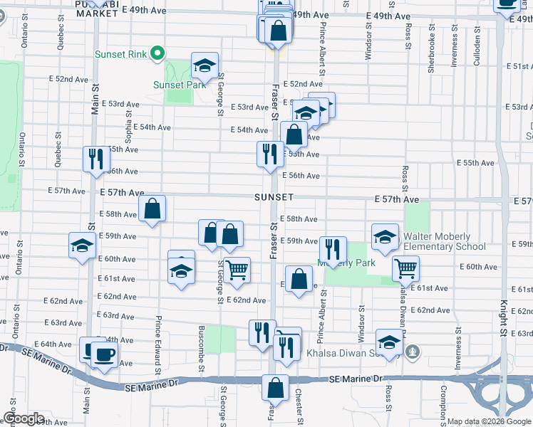 map of restaurants, bars, coffee shops, grocery stores, and more near in Vancouver