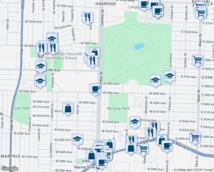 map of restaurants, bars, coffee shops, grocery stores, and more near 488 West 58th Avenue in Vancouver