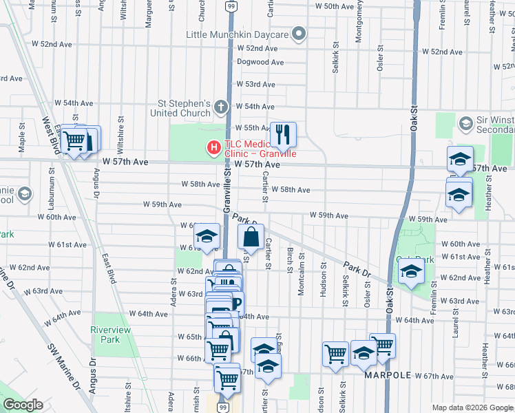 map of restaurants, bars, coffee shops, grocery stores, and more near in Vancouver