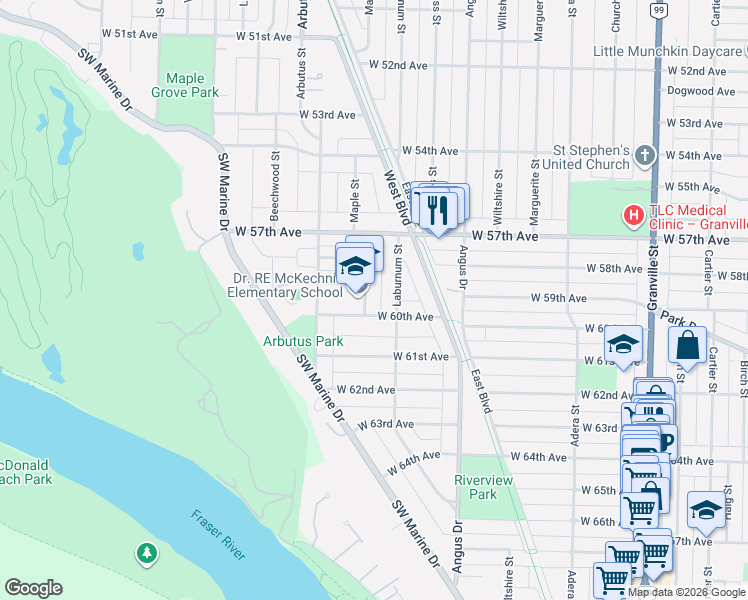 map of restaurants, bars, coffee shops, grocery stores, and more near in Vancouver