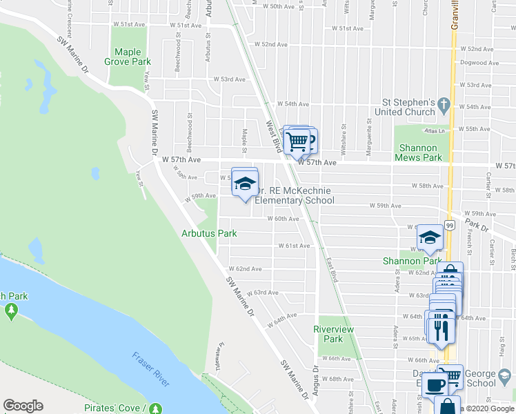 map of restaurants, bars, coffee shops, grocery stores, and more near 7458 Maple Street in Vancouver