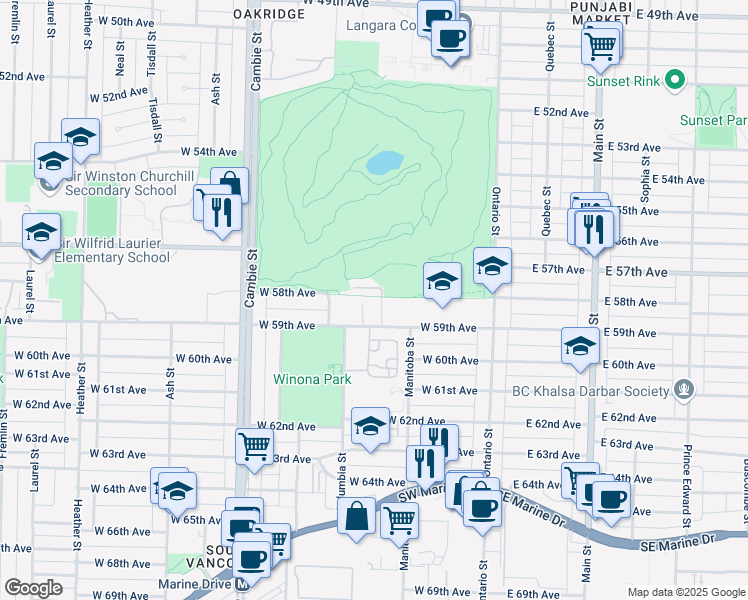 map of restaurants, bars, coffee shops, grocery stores, and more near 7411 Columbia Street in Vancouver