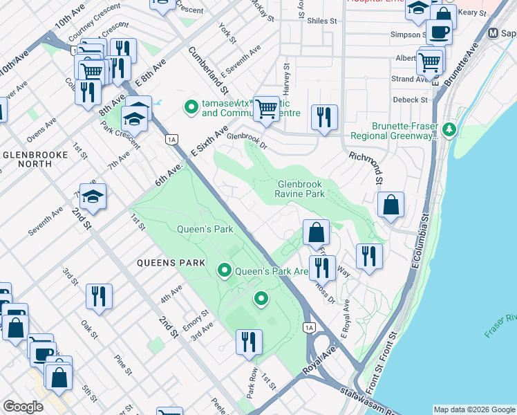 map of restaurants, bars, coffee shops, grocery stores, and more near 385 Ginger Drive in New Westminster