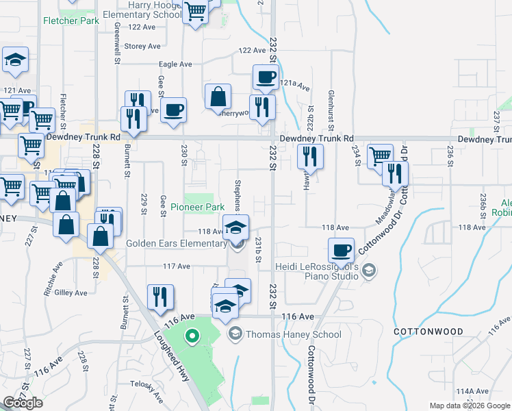 map of restaurants, bars, coffee shops, grocery stores, and more near 11851 232 Street in Maple Ridge