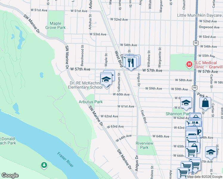map of restaurants, bars, coffee shops, grocery stores, and more near 7458 Maple Street in Vancouver