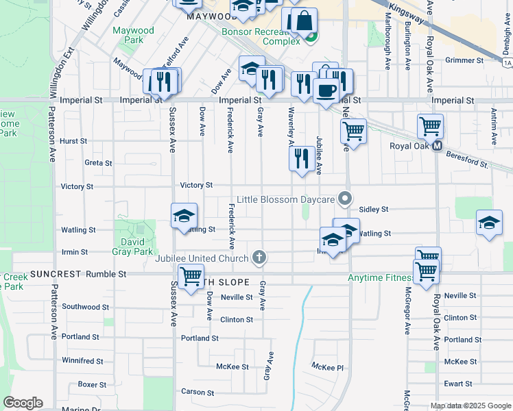 map of restaurants, bars, coffee shops, grocery stores, and more near 7289 Gray Avenue in Burnaby