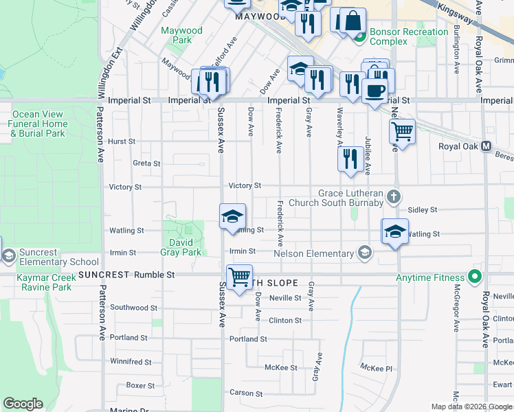 map of restaurants, bars, coffee shops, grocery stores, and more near 7290 Dow Avenue in Burnaby