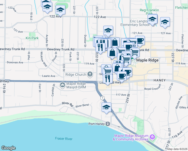 map of restaurants, bars, coffee shops, grocery stores, and more near 11841 222 Street in Maple Ridge