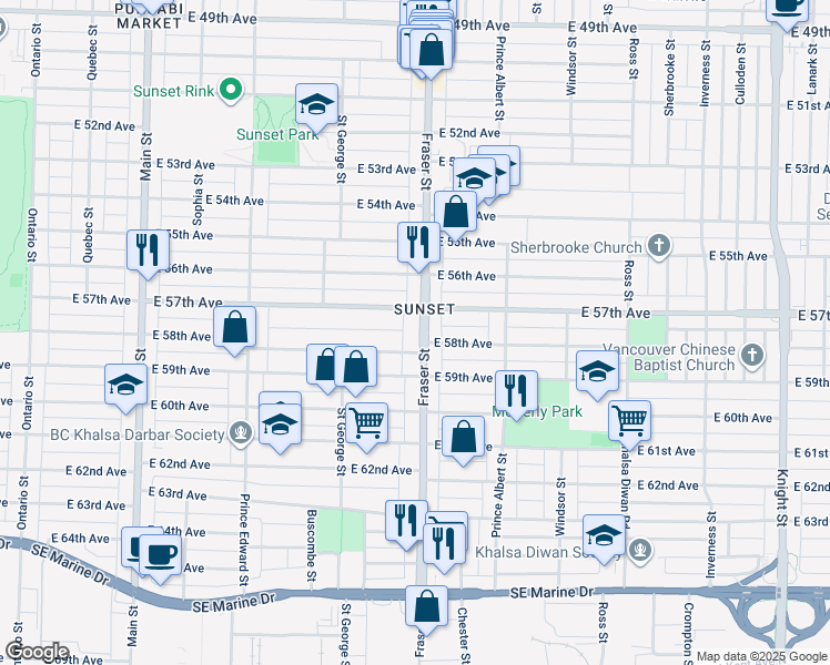 map of restaurants, bars, coffee shops, grocery stores, and more near 7361 Fraser Street in Vancouver