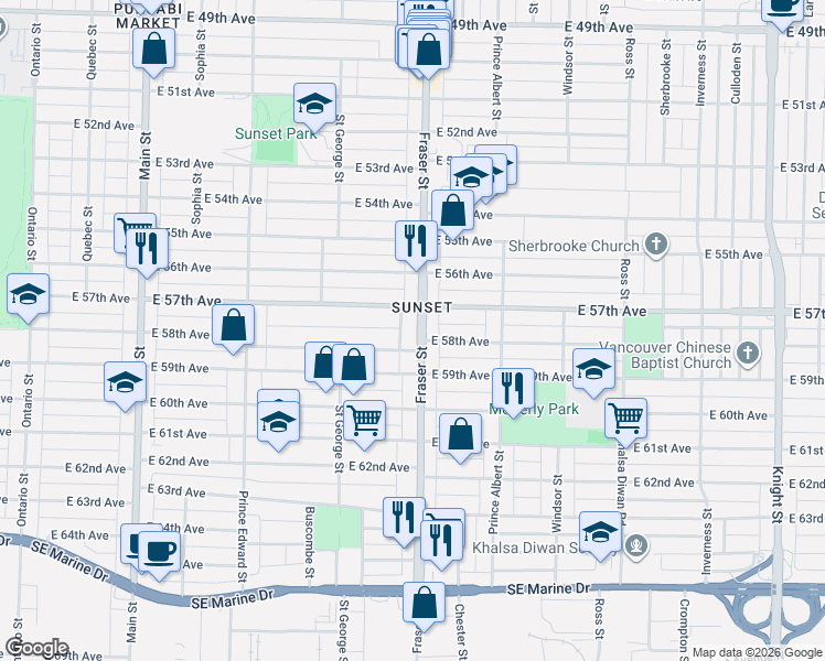 map of restaurants, bars, coffee shops, grocery stores, and more near 7361 Fraser Street in Vancouver
