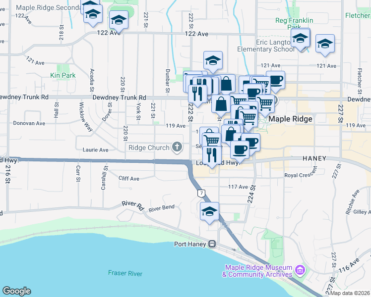 map of restaurants, bars, coffee shops, grocery stores, and more near 22213 Selkirk Avenue in Maple Ridge