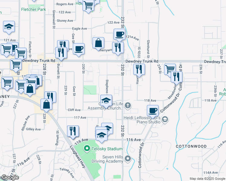 map of restaurants, bars, coffee shops, grocery stores, and more near 11851 232 Street in Maple Ridge