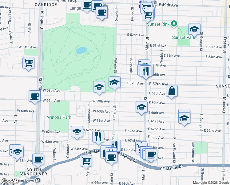 map of restaurants, bars, coffee shops, grocery stores, and more near 1000 East 59th Avenue in Vancouver