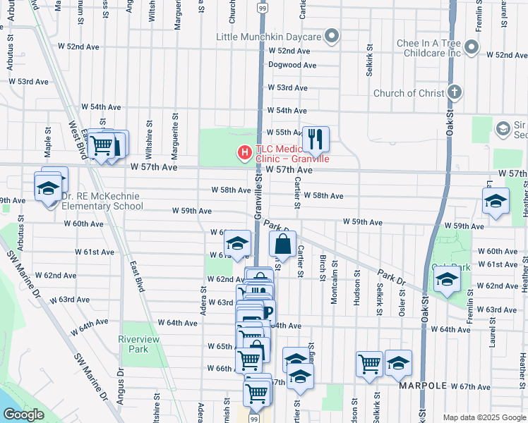 map of restaurants, bars, coffee shops, grocery stores, and more near 7478 Granville Street in Vancouver