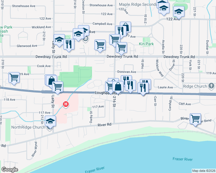 map of restaurants, bars, coffee shops, grocery stores, and more near 21570 Cherrington Avenue in Maple Ridge