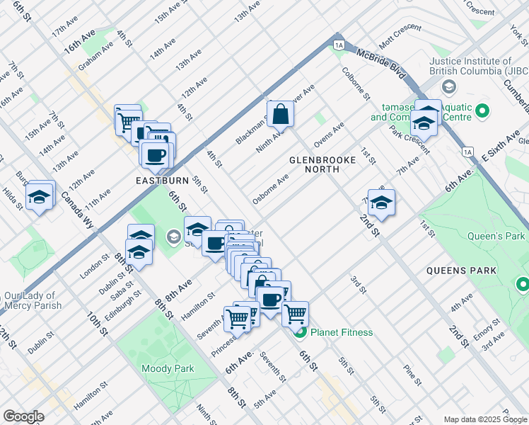 map of restaurants, bars, coffee shops, grocery stores, and more near 303 8th Avenue in New Westminster
