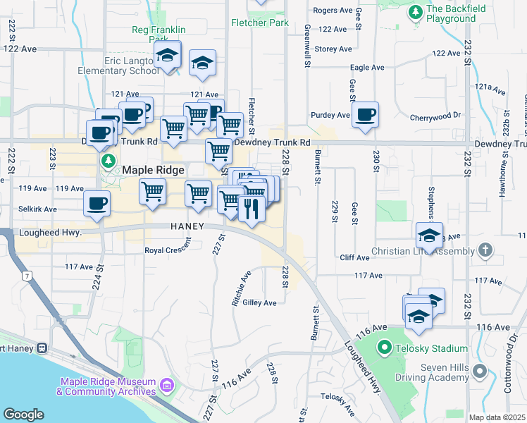 map of restaurants, bars, coffee shops, grocery stores, and more near 22709 Lougheed Highway in Maple Ridge