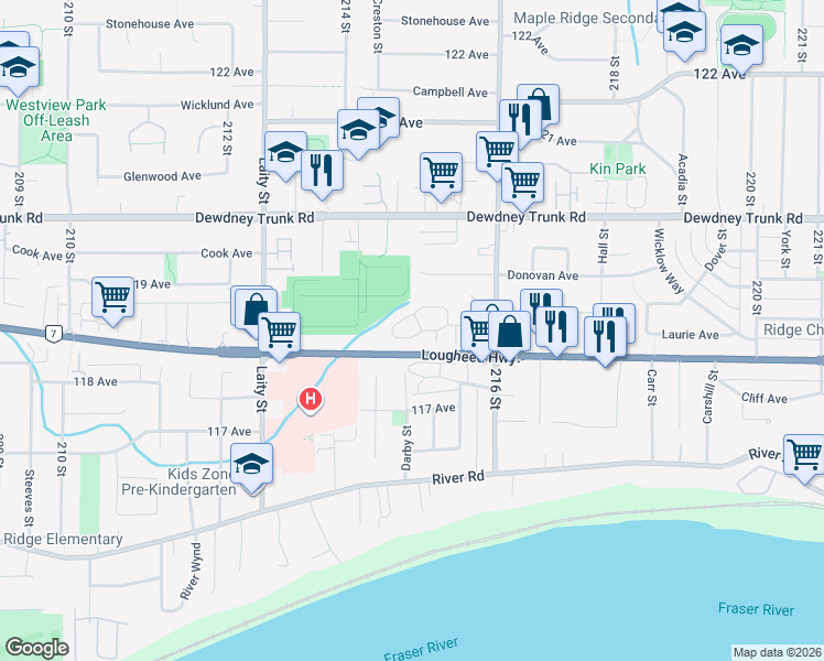 map of restaurants, bars, coffee shops, grocery stores, and more near 4 Cherrington Place in Maple Ridge