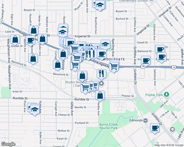 map of restaurants, bars, coffee shops, grocery stores, and more near 6622 Southoaks Crescent in Burnaby