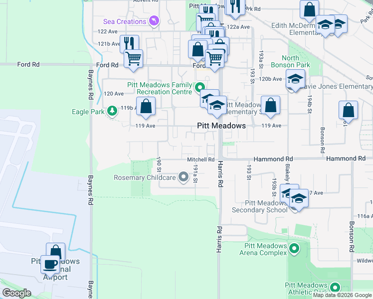 map of restaurants, bars, coffee shops, grocery stores, and more near 19105 Mitchell Road in Pitt Meadows