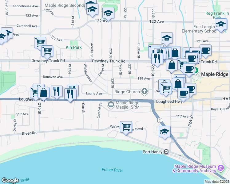 map of restaurants, bars, coffee shops, grocery stores, and more near 11859 220 Street in Maple Ridge