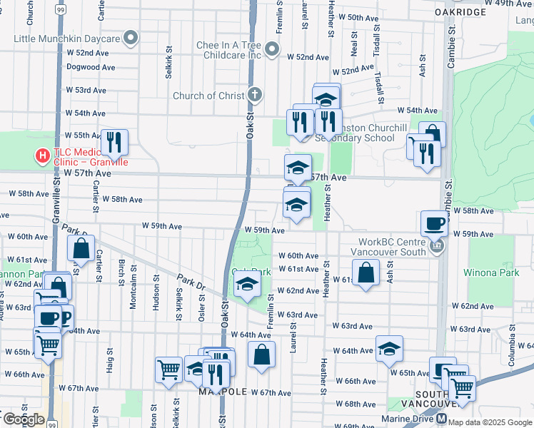 map of restaurants, bars, coffee shops, grocery stores, and more near in Vancouver